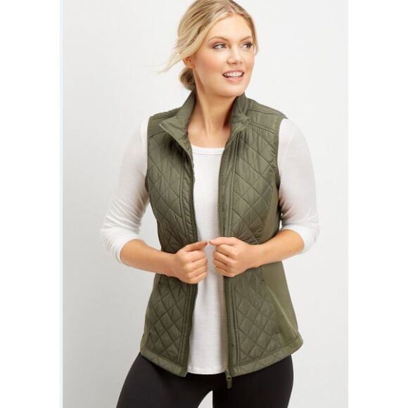 Maurices Women's Plus Size 1X Solid Active Puffer Vest Olive Green Full Zip - Picture 1 of 8